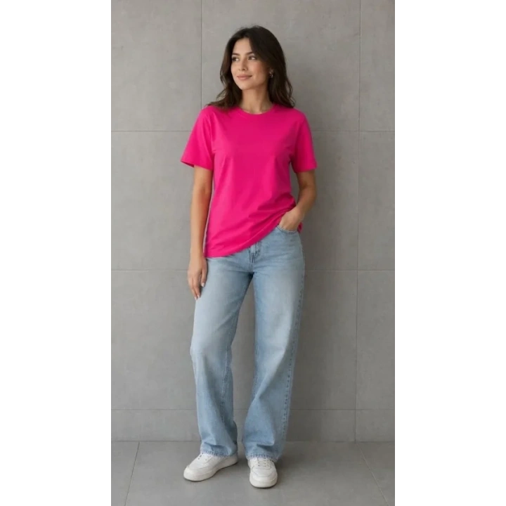 Basic Pamuklu Tişört Bisiklet Yaka Düz Renk Relaxed Fit T-Shirt - Fuşya