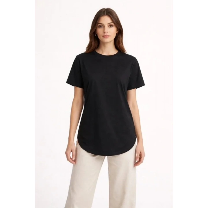 Basic T-Shirt Kısa Kol Bisiklet Yaka Oval Kesim Tişört - Siyah