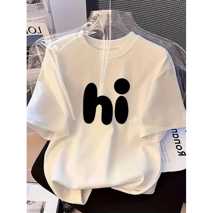 Baskılı Oversize Bisiklet Yaka T-shirt - Beyaz