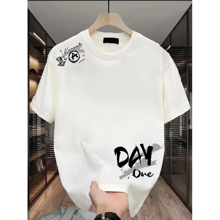 Baskılı Oversize Bisiklet Yaka T-shirt - Beyaz