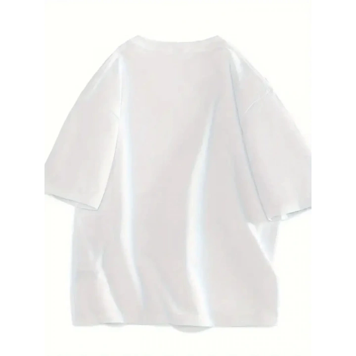 Baskılı Oversize Bisiklet Yaka T-shirt - Beyaz
