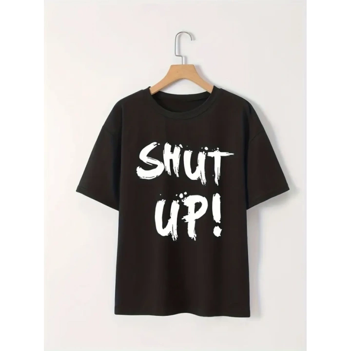 Baskılı Oversize Bisiklet Yaka T-shirt - Siyah
