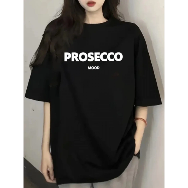 Baskılı Oversize Bisiklet Yaka T-shirt - Siyah