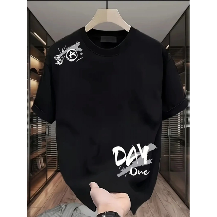 Baskılı Oversize Bisiklet Yaka T-shirt - Siyah