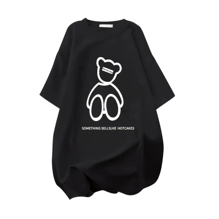 Baskılı Oversize Bisiklet Yaka T-shirt - Siyah