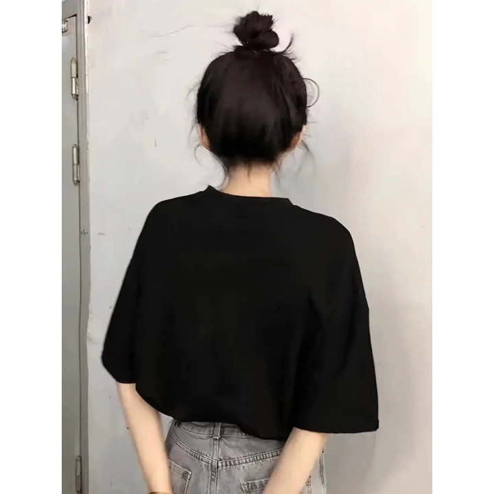 Baskılı Oversize Bisiklet Yaka T-shirt - Siyah