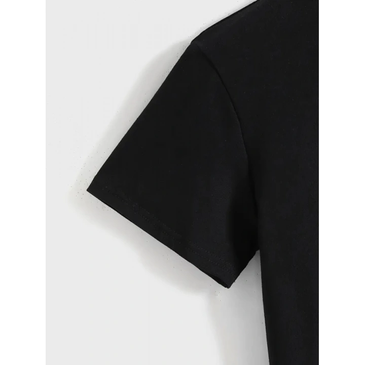 Baskılı Oversize Bisiklet Yaka T-shirt - Siyah