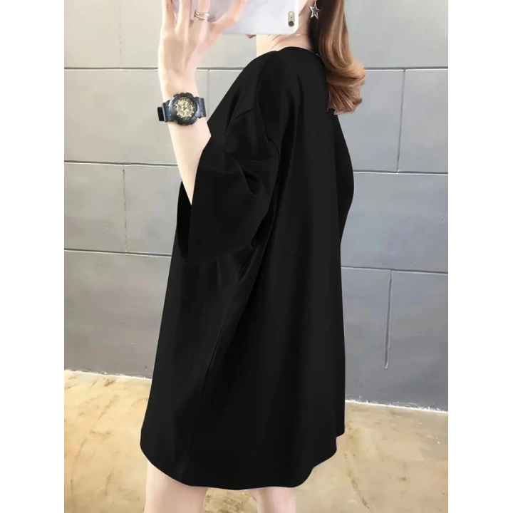 Baskılı Oversize Bisiklet Yaka T-shirt - Siyah