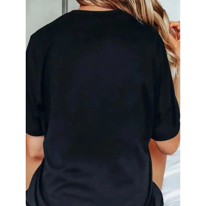Baskılı Oversize Bisiklet Yaka T-shirt - Siyah