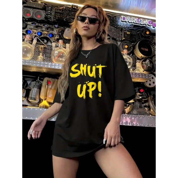 Baskılı Oversize Bisiklet Yaka T-shirt - Siyah