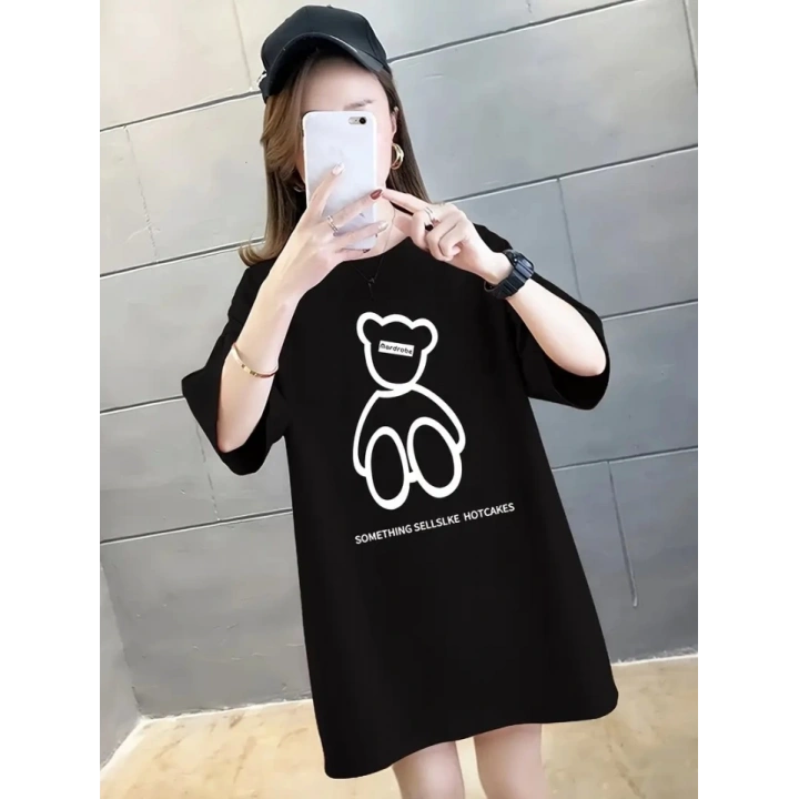 Baskılı Oversize Bisiklet Yaka T-shirt - Siyah