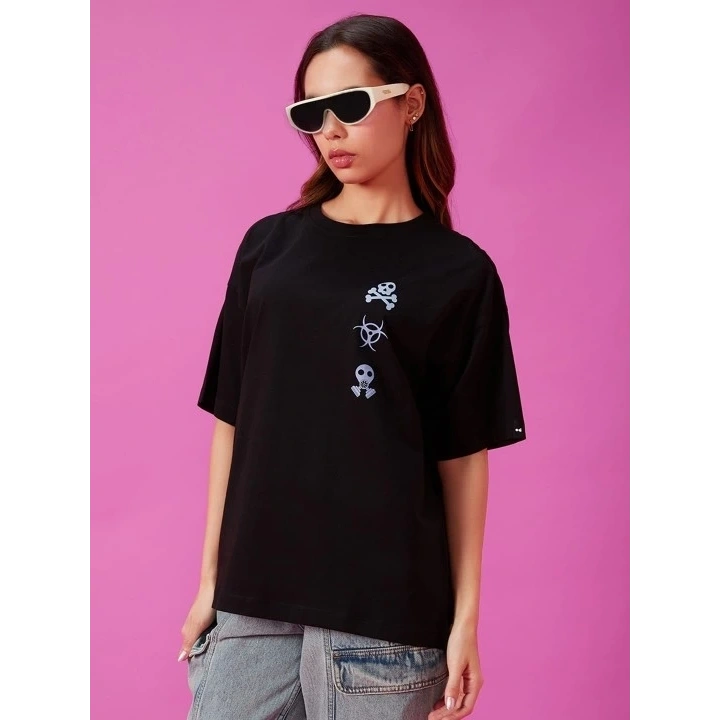 Baskılı Oversize T-shirt - Siyah