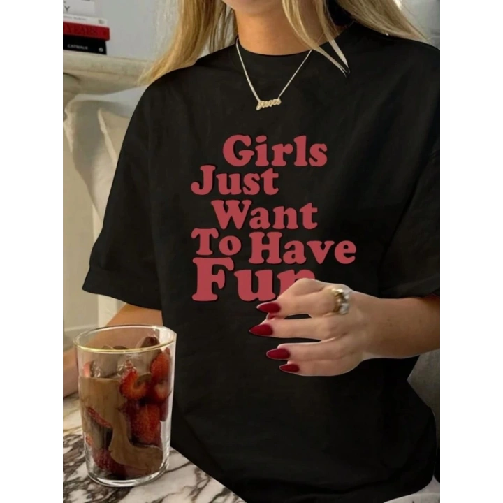 Baskılı Oversize T-shirt - Siyah
