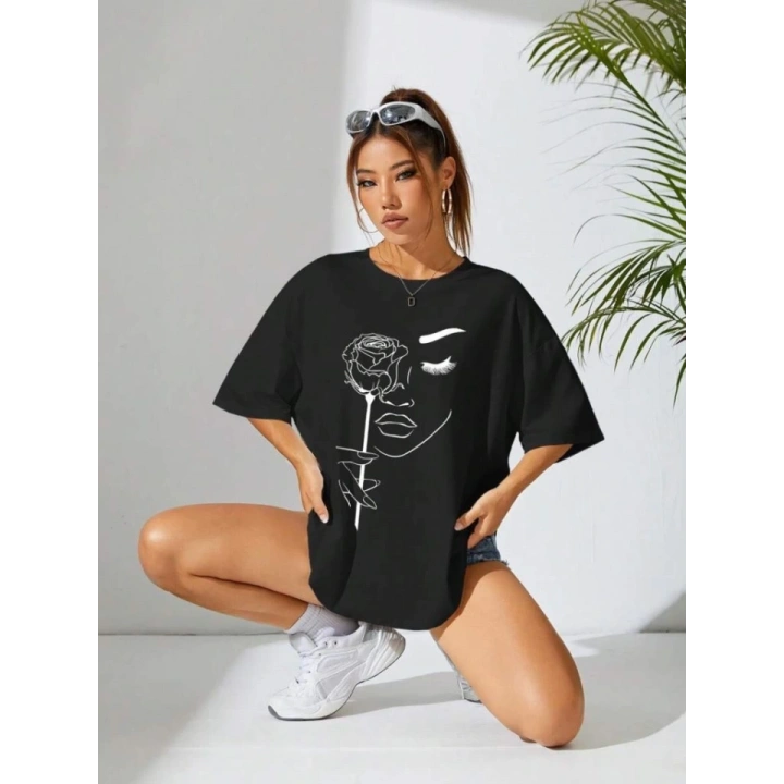 Baskılı Oversize T-shirt - Siyah