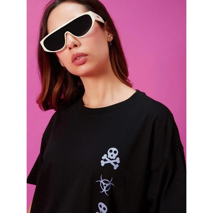 Baskılı Oversize T-shirt - Siyah