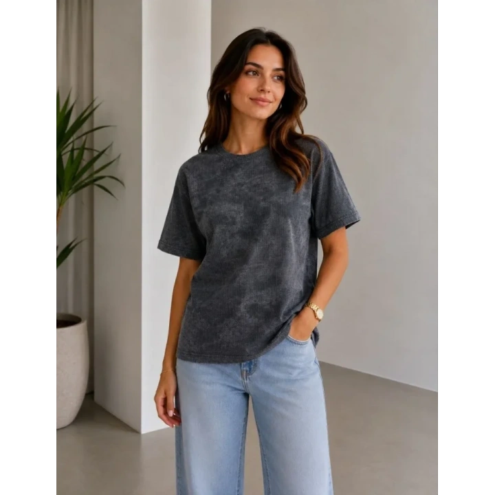 Batik Desenli Tişört Bisiklet Yaka Kısa Kol Regular Fit T-shirt - Siyah