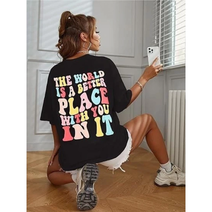Bisiklet Yaka Baskılı T-shirt - Siyah