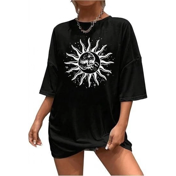 Bisiklet Yaka Baskılı T-shirt - Siyah