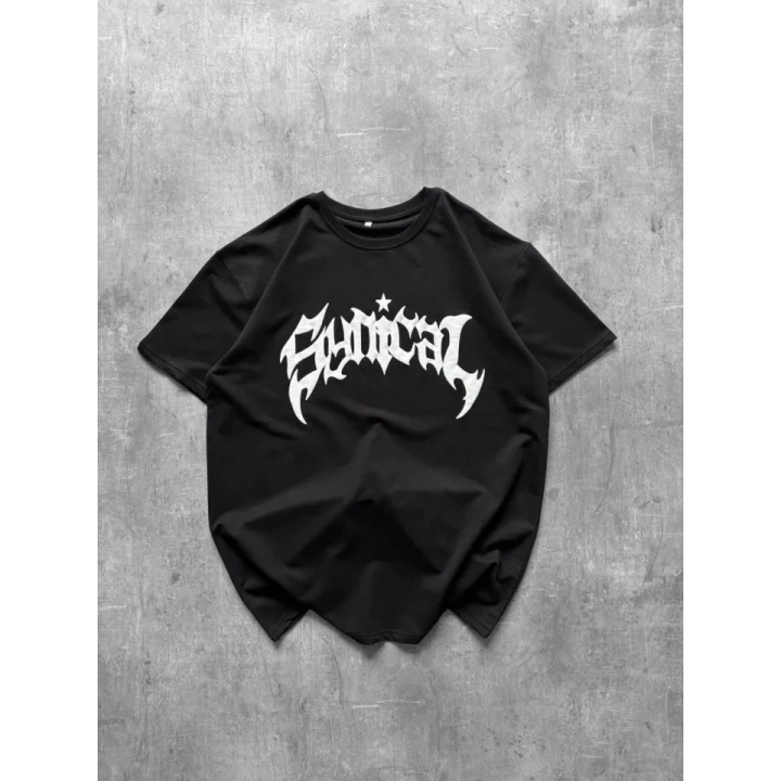 Bisiklet Yaka Ön Baskılı  Kısa Kollu Tişört Streetwear Günlük Basic Pamuklu T-shirt - Siyah