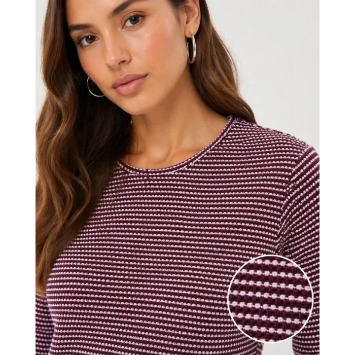Dokulu Çizgili Uzun Kollu Tişört Oval Kesim Basic Rahat Kalıp Bluz - Bordo