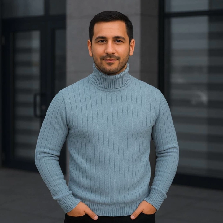 Erkek Balıkcı Yaka Bağazlı Triko Kazak Pamuklu Kalın Fitilli Dokuma, Regular Fit Uzun Kollu Kışlık Model - Bebe Mavisi