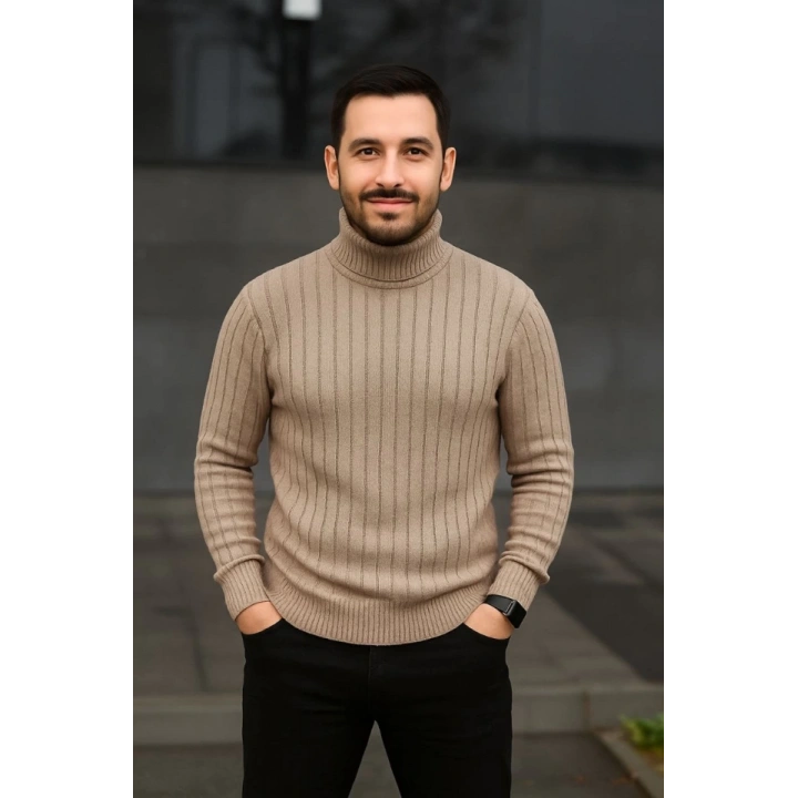 Erkek Balıkcı Yaka Bağazlı Triko Kazak Pamuklu Kalın Fitilli Dokuma, Regular Fit Uzun Kollu Kışlık Model - Bej