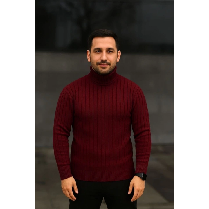 Erkek Balıkcı Yaka Bağazlı Triko Kazak Pamuklu Kalın Fitilli Dokuma, Regular Fit Uzun Kollu Kışlık Model - Bordo