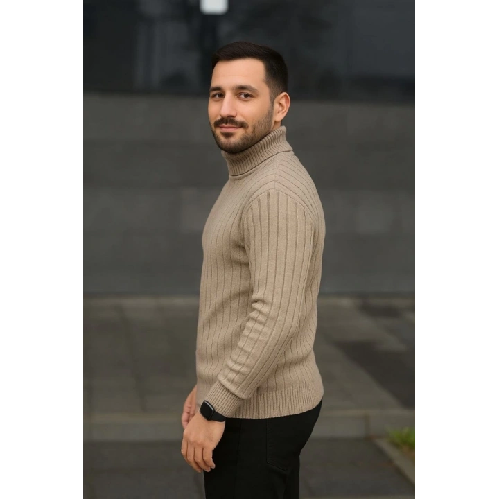 Erkek Balıkcı Yaka Bağazlı Triko Kazak Pamuklu Kalın Fitilli Dokuma, Regular Fit Uzun Kollu Kışlık Model - Bej