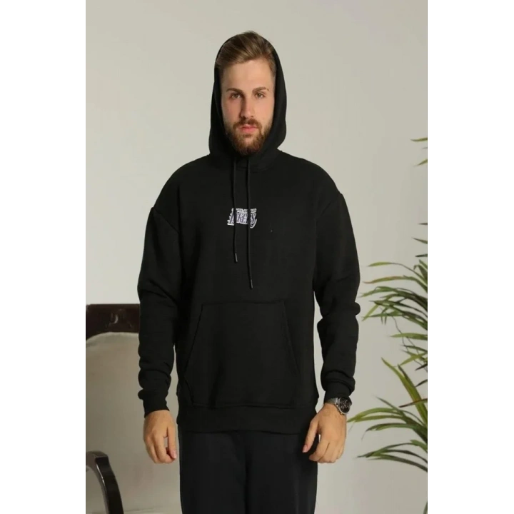 Erkek Baskılı Oversize Üç İplik Kapüşonlu Sweatshirt - Siyah