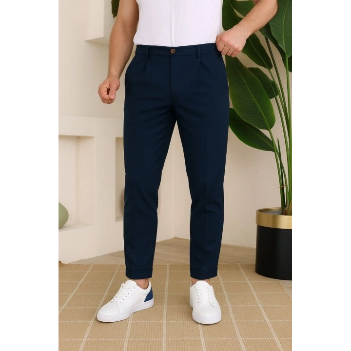 Erkek Belden Düğmeli Cepli Dokuma Pantolon