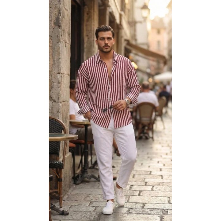 Erkek Dikey Çizgili Yarım Oversize Gömlek