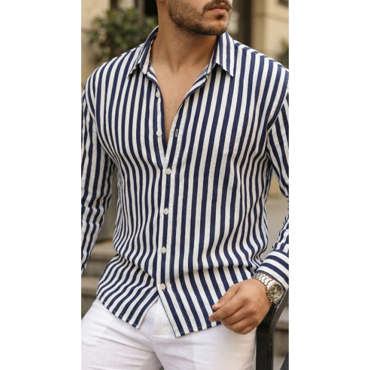 Erkek Dikey Çizgili Yarım Oversize Gömlek