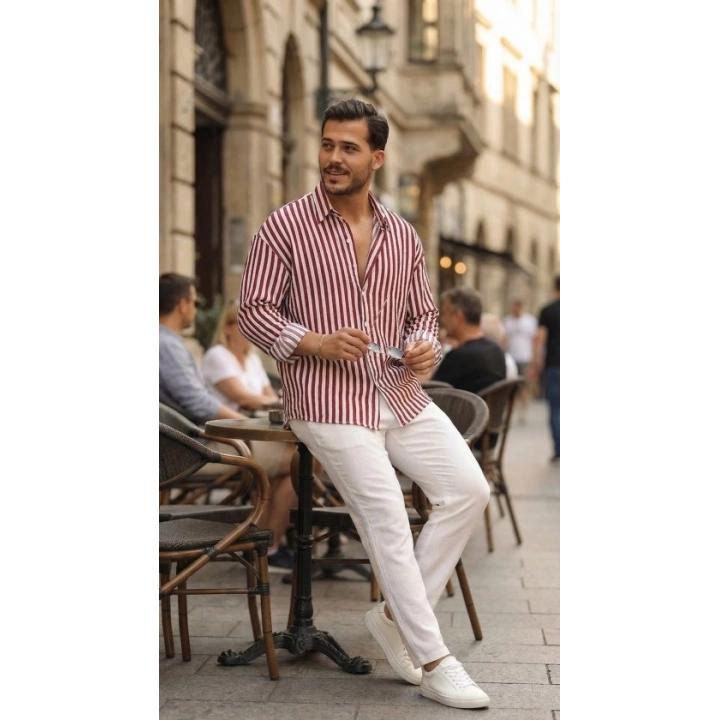 Erkek Dikey Çizgili Yarım Oversize Gömlek