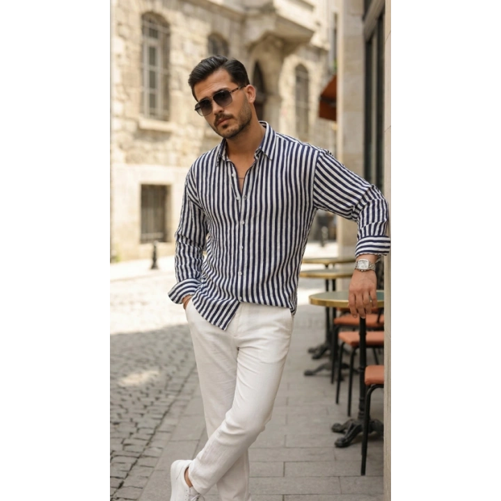 Erkek Dikey Çizgili Yarım Oversize Gömlek
