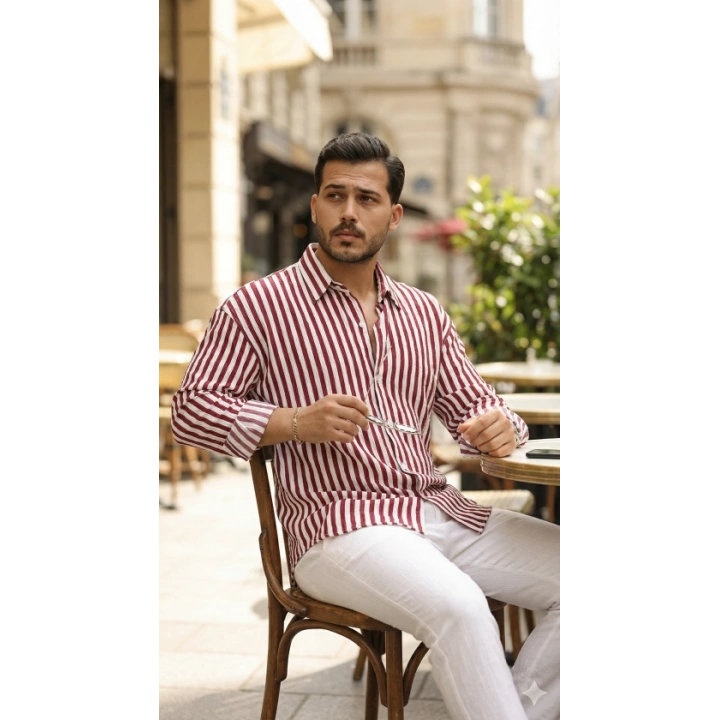 Erkek Dikey Çizgili Yarım Oversize Gömlek