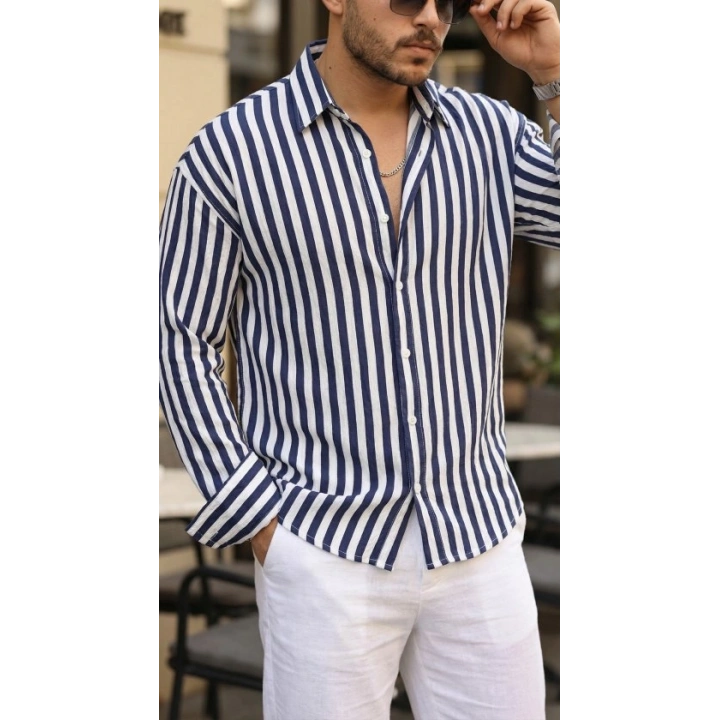 Erkek Dikey Çizgili Yarım Oversize Gömlek