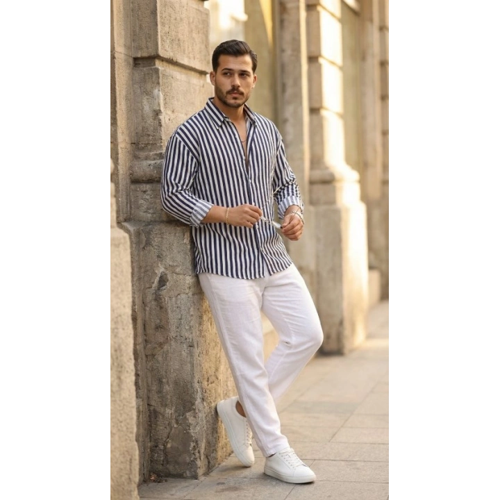 Erkek Dikey Çizgili Yarım Oversize Gömlek