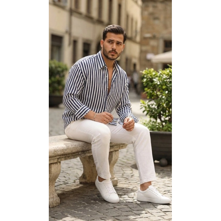 Erkek Dikey Çizgili Yarım Oversize Gömlek