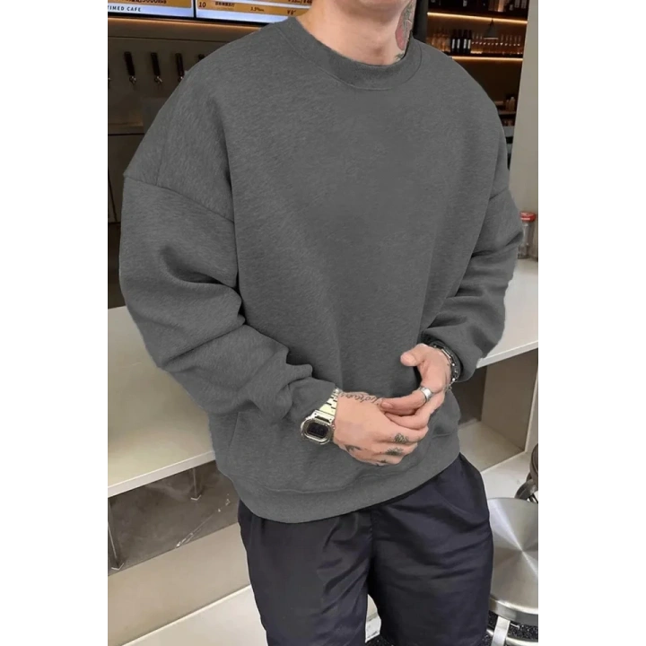 Erkek Düz Bisiklet Yaka Sweat - Füme