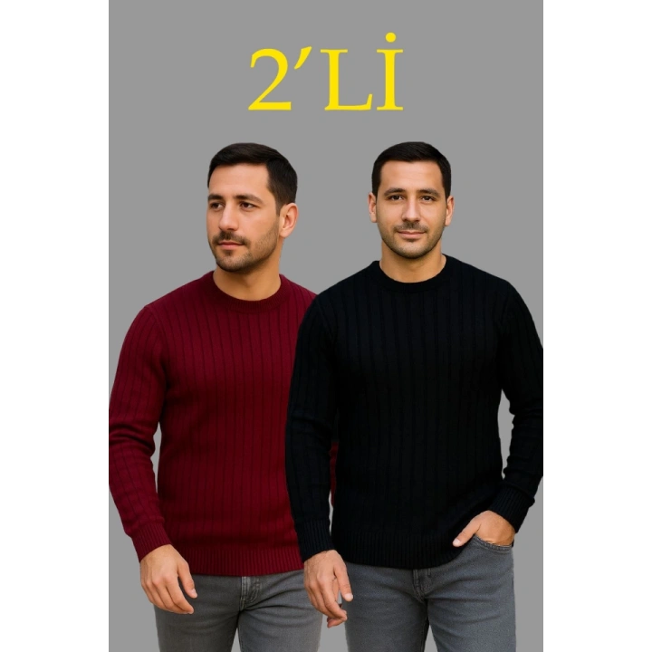 Erkek Fitilli Triko Kazak 2’li Set – Siyah - Bordo, Kalın Dokuma Pamuklu Regular Fit Bisiklet Yaka Uzun Kollu Rahat Kışlık Kazak Kombini