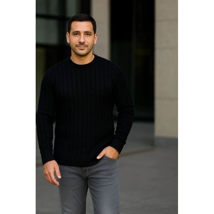 Erkek Fitilli Triko Kazak 2’li Set – Siyah - Bordo, Kalın Dokuma Pamuklu Regular Fit Bisiklet Yaka Uzun Kollu Rahat Kışlık Kazak Kombini