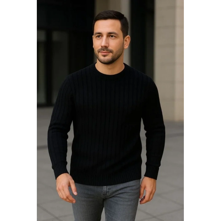 Erkek Fitilli Triko Kazak 2’li Set Siyah Haki Kalın Dokuma Pamuklu Regular Fit Bisiklet
