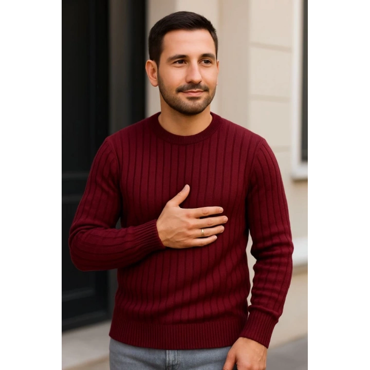 Erkek Fitilli Triko Kazak 3lü Set Beyaz Bordo Siyah Regular Fit Bisiklet Yaka Triko Seti