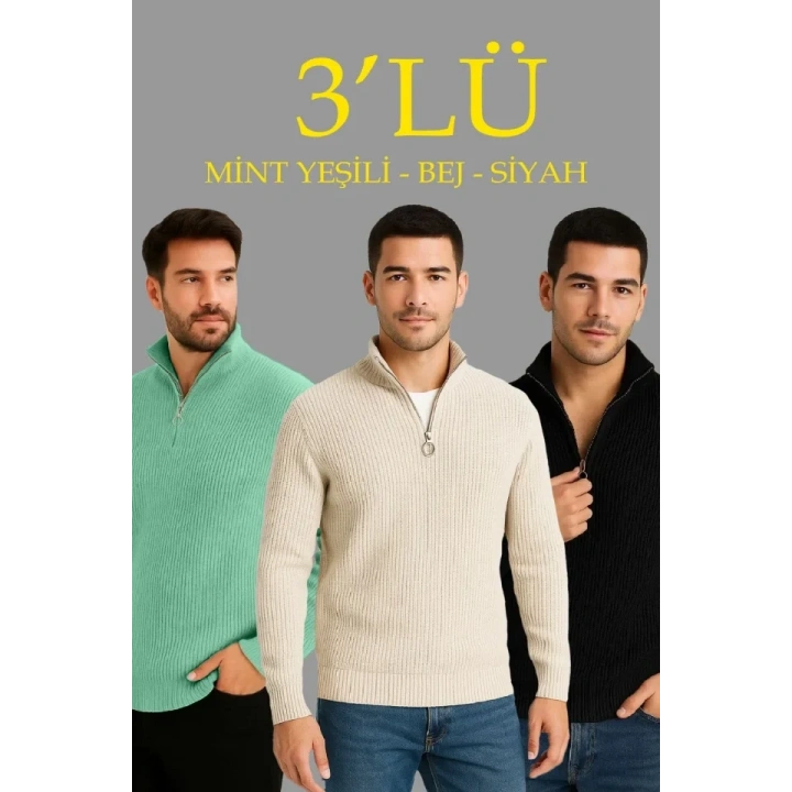 Erkek Fitilli Triko Kazak 3’lü Set – Mint Yeşili, Siyah, Bej Kalın Dokuma Pamuklu Regular Fit V Yaka Fermuarlı Uzun Kollu Rahat Kışlık Kazak Kombini