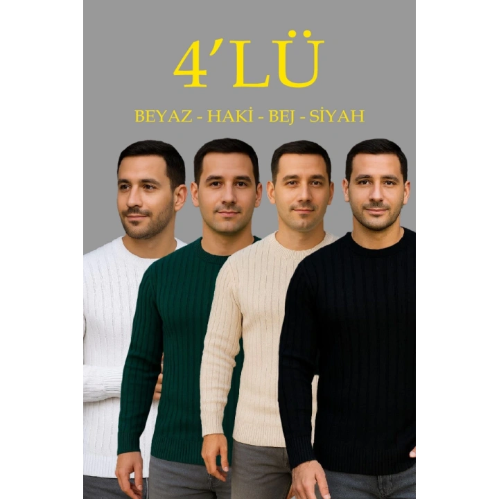 Erkek Fitilli Triko Kazak 4’lü Set – Beyaz, Haki, Bej, SiyahKalın Dokuma Pamuklu Regular Fit Bisiklet Yaka Uzun Kollu Kışlık Ve Baharlık Rahat Triko Kombini