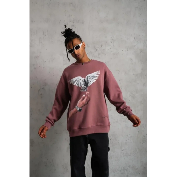 Erkek Güvercin Baskılı Sweatshirt - Gül Kurusu