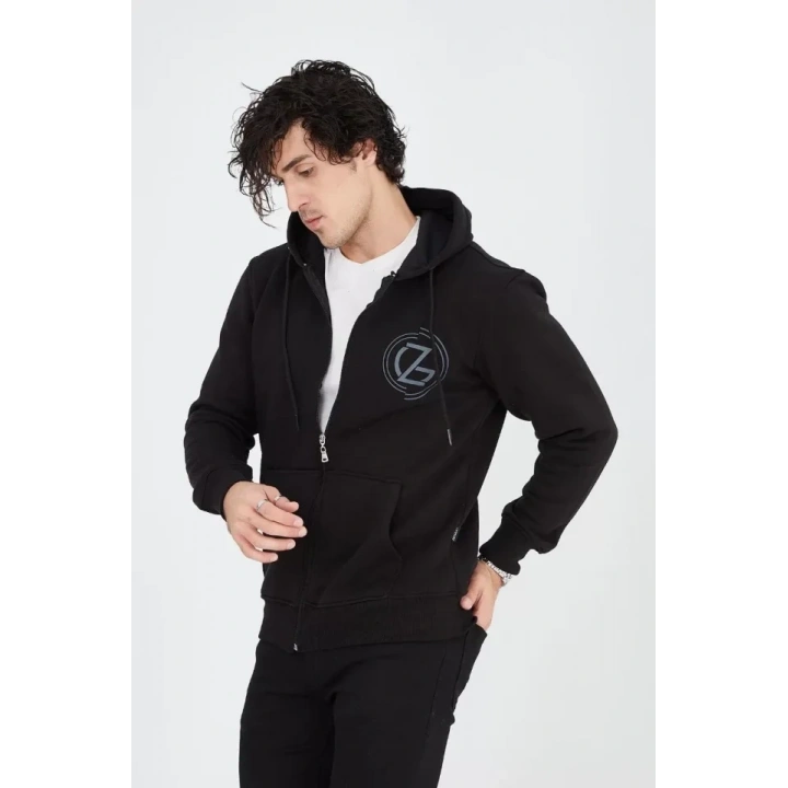 Erkek Kapüşonlu Baskılı Fermuarlı Hırka - Siyah