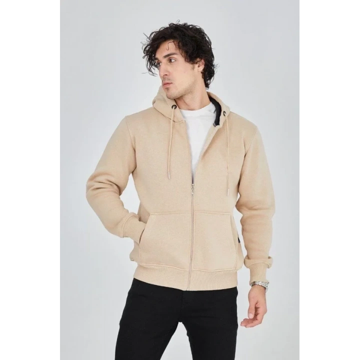 Erkek Kapüşonlu Düz Fermuarlı Hırka - Bej
