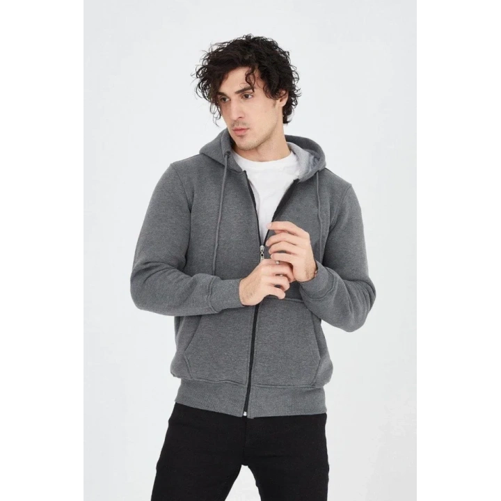 Erkek Kapüşonlu Düz Fermuarlı Hırka - Füme