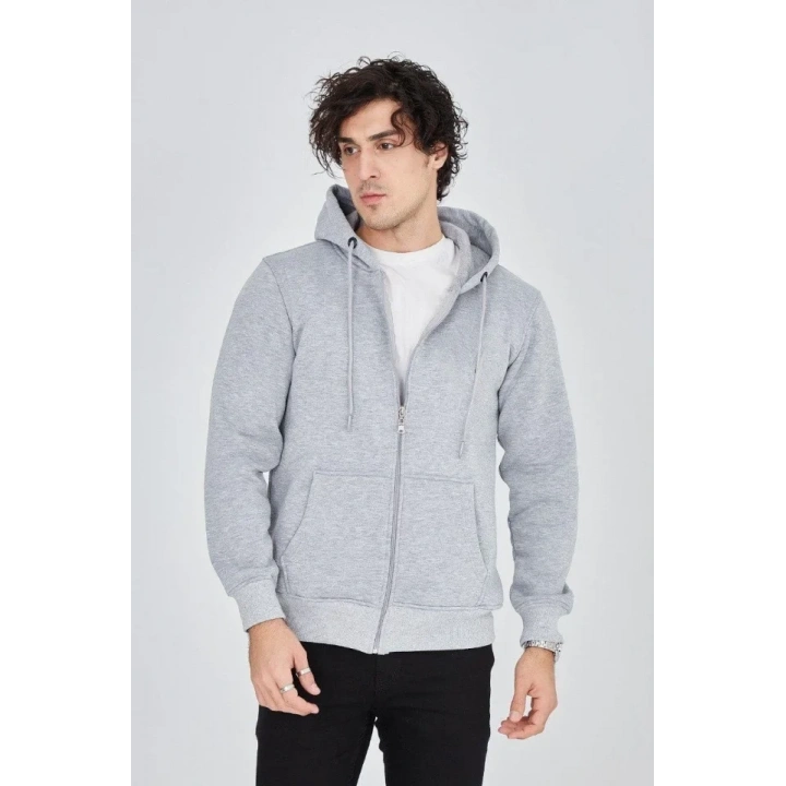 Erkek Kapüşonlu Düz Fermuarlı Hırka - Gri